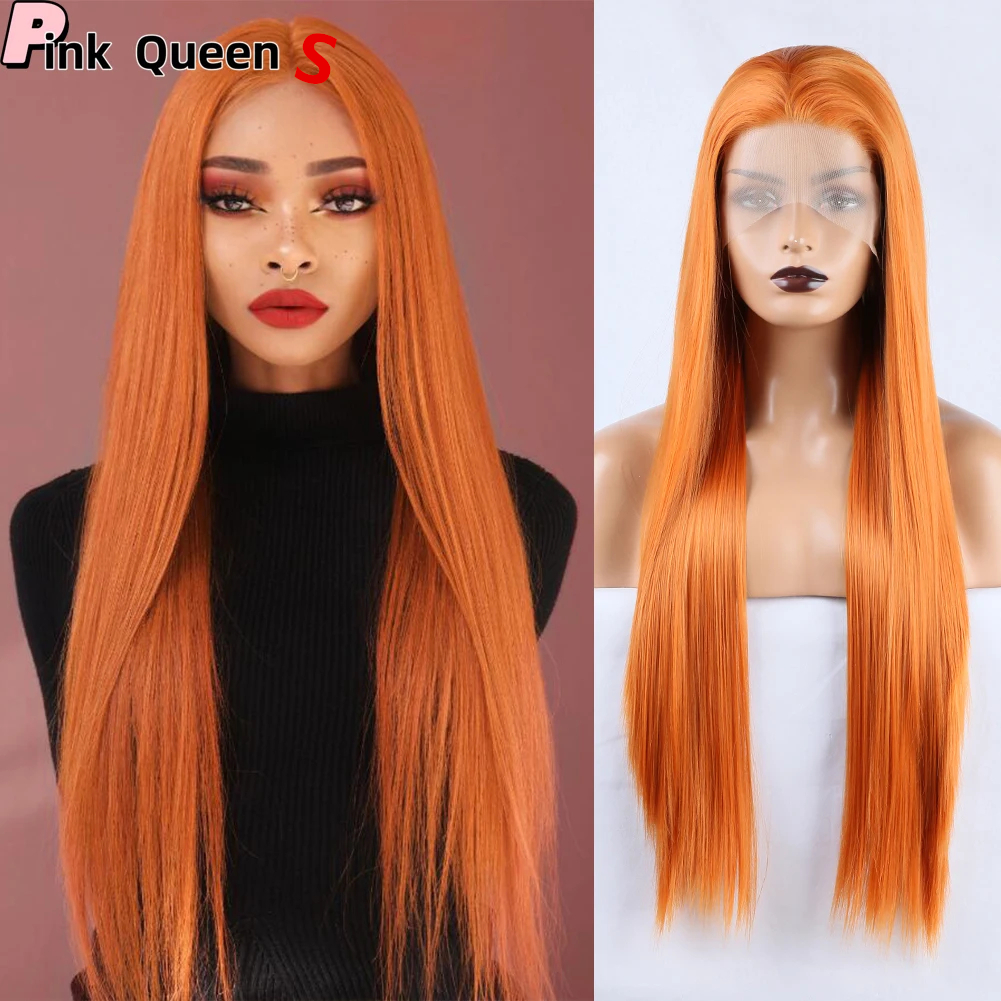 Orange 13*2.5 Synthetic Lace front Wig Glueless Lace Frontal Wigs for Women Straight Wig Heat Resistant Fiber Cosplay Wigs Party Laces wigs windy