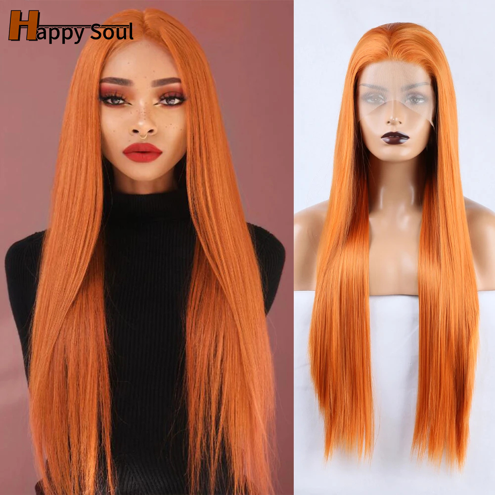 Orange 13*2.5 Synthetic Lace front Wig Glueless Lace Frontal Wigs for Women Straight Wig Heat Resistant Fiber Cosplay Wigs Party Laces wigs windy