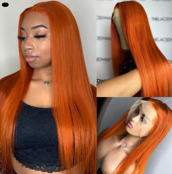Peluca con malla frontal naranja 13x4, pelucas de cabello humano de Color naranja jengibre para mujer, cabello rizado Remy brasileño de densidad 150 prearrancado