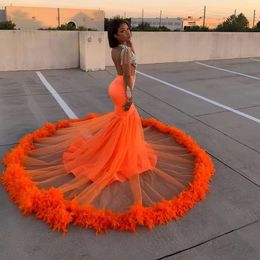 Oranje Afrikaanse prom -jurken kralen lovertjes Deep V nekveren lange zeemeermin avondjurk formele feestjurken Vestidos plus maat