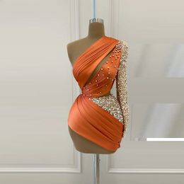 Orange Appliques Mini One épaule Prom au-dessus du genou manches longues Robes de queue à la maison Vestidos de Gala Robe d'anniversaire pour femmes yd