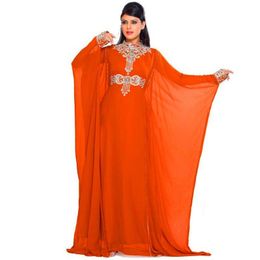 Naranja, vestido de noche, mangas largas, túnica de cuello de soya, chifón dubai, marocan marocain, fiesta para la madre musulmana de los vestidos de la novia