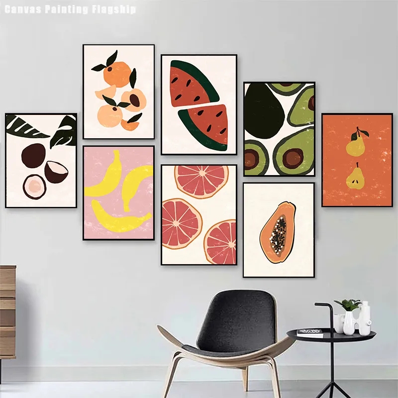Oranje banaan watermeloen avocado fruit eenvoudige posters print fruit snijden canvas schilderij muur kunst foto voor woonkamer huis keuken decor wo6
