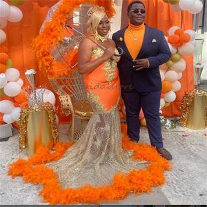 Oranje Verjaardag Galajurk Met Veren Zeemeermin Grote maten Zwarte Meisjes Pailletten Avondjurk Nigeria Formeel Feest Senior Baddie Robes Mariage Vestidos De Gala 2024