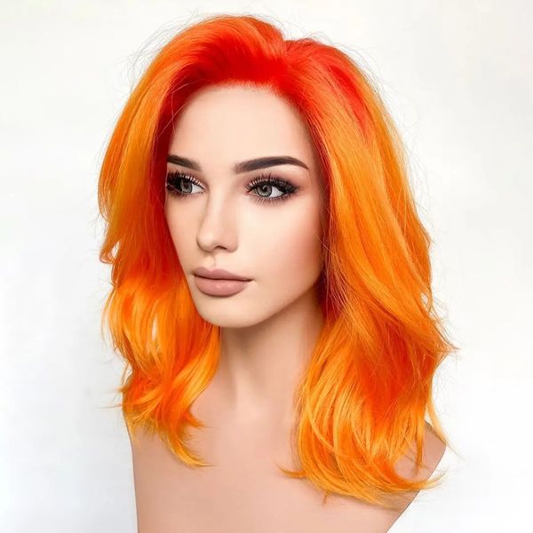 Perruque Lace Front wig synthétique ondulée, Blonde Orange, en Fiber de haute température, avec cheveux de bébé, sans colle, courte, à usage quotidien