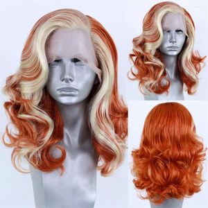 Avant de dentelle synthétique orange Body Wave avec des reflets blonds Longueur d'épaule Cheveux frontal Demi main attachée