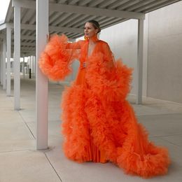 Oranje Boho Prom Dresses Tiered Ruches Lange Pluizige Partyjurken Lace Up Elegante Photography Dress