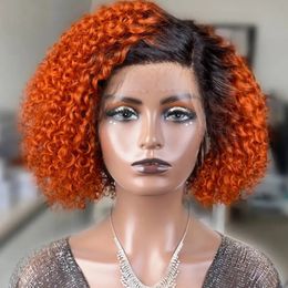 Perruque de cheveux humains Bob Lace Front Wig bouclée profonde marron orange avec cheveux de bébé, perruque courte Pixie bouclée Bob sans colle pour femmes