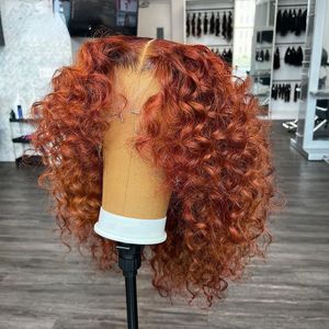 Pelucas de cabello humano Bob corto y rizado profundo, color naranja y marrón, 360 pelucas frontales de encaje con ondas de agua, pelucas con cierre de encaje sintético marrón rojizo