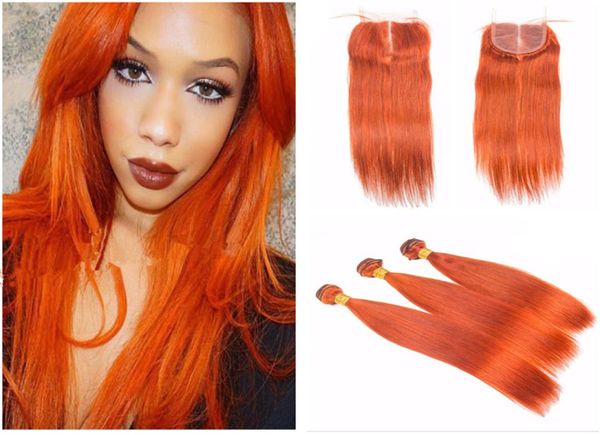 Cheveux de couleur orange avec fermeture en dentelle Tissages de cheveux humains droits avec fermeture en dentelle Cheveux Remy vierges malaisiens Couleur orange vif2499367