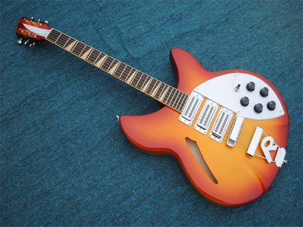 Guitare électrique semi-creuse de couleur orange avec touche en palissandre, pickguard blanc, pont de signe R, fournir des services personnalisés,