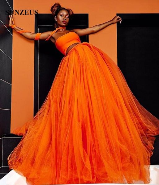 Vestido de fiesta con Top corto naranja, vestido de fiesta Sexy sin tirantes de 2 piezas, vestido largo de tul negro para niña, nuevo vestido baile de gala1229918