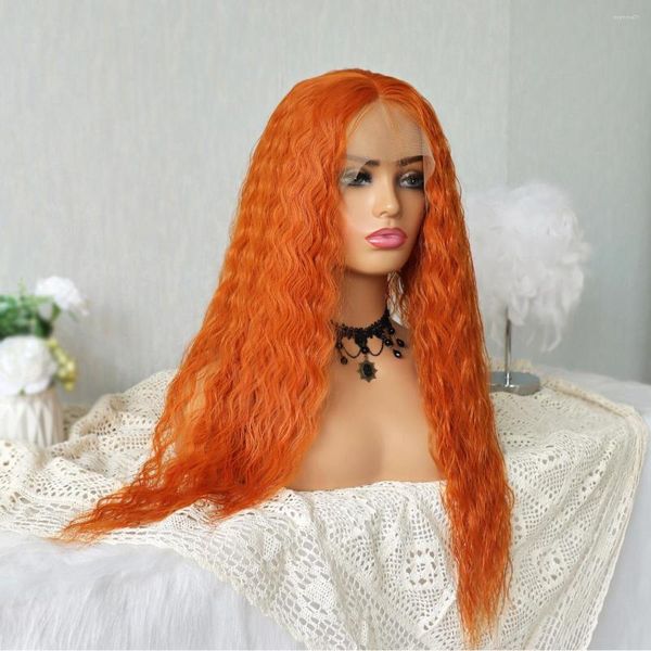 Orange Curly Lace Front Synthétique Longue Vague Profonde Faux Cuir Chevelu Pour Les Femmes Naturelles Sertissages Boucles