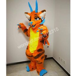 Costume de mascotte de chien Husky Dragon Orange Accessoires de performance d'Halloween Couvre-chef en peluche Tenue rouge et bleue