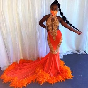 Oranje veren zeemeermin prom jurken voor zwarte meisjes halter kanten appliques backless avond verjaardagsfeestje jurk lang Afrikaans vog343 2236