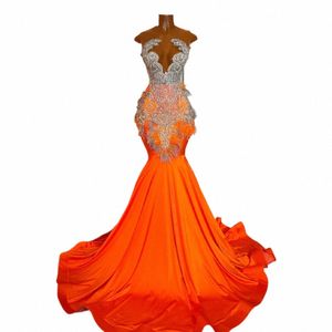 Oranje aangepaste zeemeermin prom Dr. 2024 Sier kralen Rhineste Afrikaanse zwarte meisjes satijn luxe prom gala jurken gewaad de bal 604n#