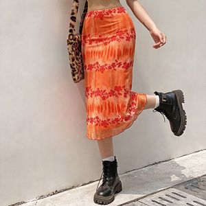 Orange Floral Tie Cravate Type Print Y2K Long Jupes Pour femmes 2021 90s Esthétique Mignon Kawaii Mesh Mid-Colfe De Plage Jupes pour les adolescentes X0428