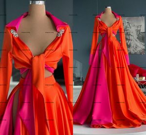 Oranje Fuchsia Shirt Avondjurken 2022 Lange Mouw Sexy Hoge Slit Crop Top Afrikaanse Aso Ebi Arabische Celebrity Prom Dress