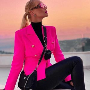 Orange Fushia Blazer Femmes Bureau Dames Or Double Boutonnage Boutons Automne Nouvelle Mode Femmes Blazers Veste X0721