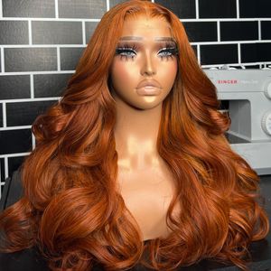 Oranje gember body wave kant front pruik transparant vooraf geplukt met babyhaar 13x4 frontale pruiken menselijk haarpruik te koop klaring