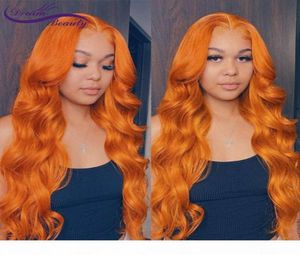Color de jengibre naranja 13x6 frontal prepotado de cabello ondulado brasileño humano sin glúeramiento 180 densidad Remy encaje de encaje frontal7364140
