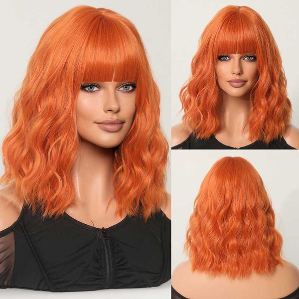 Peluca de color naranja jengibre Bob ondulado corto Pixie Cut Máquina completa Sin encaje Pelucas de cabello humano con flequillo para mujeres negras Brasileña S0826