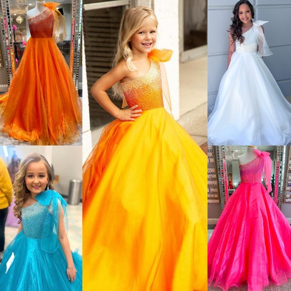 Orange Fille Préadolescents Pageant Robe 2024 Une Épaule Arc Ombre Cristaux Organza Petit Enfant Amusant Mode Piste Drame Robe De Cocktail Enfant Ado Miss Jaune Néon-Rose