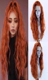 Perruques synthétiques de cheveux de Fiber résistante à la chaleur Orange pour les femmes longue vague de corps pleine perruque avant de lacet perruque de Cosplay avec partie latérale 9308212