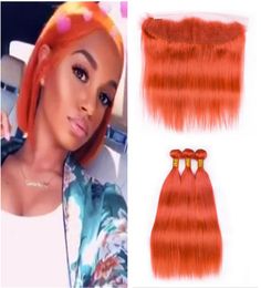 Trame de cheveux humains orange avec fermeture frontale en dentelle 13x4 partie malaisienne vierge cheveux humains 8a Bundles de cheveux raides avec dentelle Fro4965160