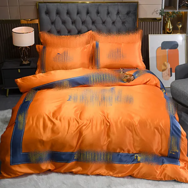 Juegos de cama de diseño naranja tamaño king 4 unids/set letra de caballo impresa tamaño queen funda nórdica de seda sábanas de primavera y verano fundas de almohada de moda