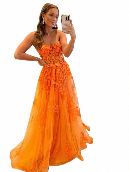 Orange dentelle Appliques bal Dres Illusi chérie Strapl Tulle une ligne balayage train robes de soirée Graduati Party t4CP #