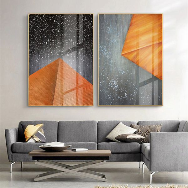 Cuadros geométricos abstractos de hojas de línea naranja, pintura en lienzo, carteles e impresiones, arte de pared para sala de estar sin marco