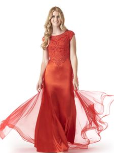 Oranje Lange Mermaid Modest Prom Jurken met Cap Sleeves Kralen Kant Stretch Satin Lange Modest Avond Feestjurk Mouwen