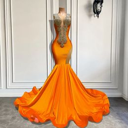 Robes de bal longues orange Sexy style sirène pure col rond scintillant luxe argent diamant Spandex noir filles robes de bal