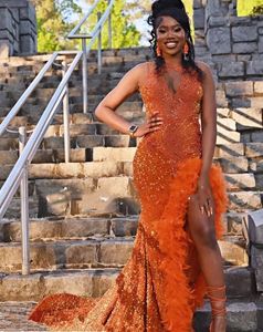 Robes de réception de soirée africaine de luxe orange pour femmes pour femmes diamant diamant plume velours slit robe noire fille noire