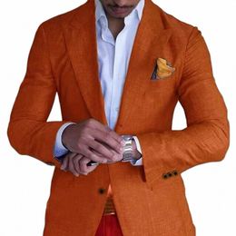 Orange Hommes Lin Summer Beach Jacket Costumes Slim Fit Costumes pour hommes Tuxedo Groom Costumes pour hommes Mariage Groomsman 2 pièces Ensemble I0zc #