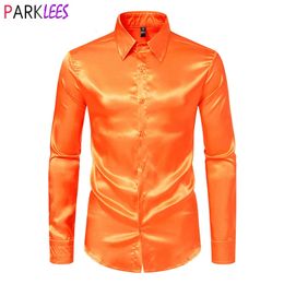 Camisa de satén de seda para hombre de color naranja Camisas de vestir de club nocturno de baile disco de los años 70 Camisa informal de manga larga para fiesta de boda para hombre Chemise Homme 2XL 240117