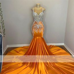 Oranje Zeemeermin Lange Galajurken 2023 Zwarte Meisjes Luxe Kralen Strass Feestjurk Avondjurken Robe De Bal Aso Ebi Rits Bac303I