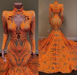 Robes de bal sirène orange manches longues col en V profond appliques à paillettes sexy filles noires africaines robe de soirée en queue de poisson, plus la taille CG001