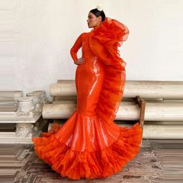 Oranje zeemeermin prom jurken pailletten lange mouwen ruches tule avondjurk tiere bottom celebrity jurk 2023