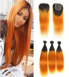 Orange ombre Brésilien Human Hair 3bundles avec fermeture droite 1b Orange Ombre Vierge Coiffes tisser les traditions foncées avec 4x4 Lace9038570