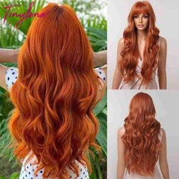 Oranje per Rood Geel Synthetische Pruiken Lange Golvende Gember Pruik met Pony voor Vrouwen Natuurlijke Cosplay Body Wave Hittebestendige haar L230520