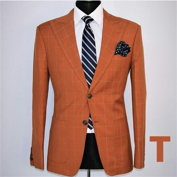 Orange Plaid hommes costumes une pièce beau Design formel deux boutons personnalisé Fit hommes tenue haute qualité manteau de fête