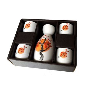 Set di tazze per fiaschetta per sake giapponese con albero di prugna arancione Elegante 5 pezzi Bottiglia di vino in ceramica Pot Bicchieri Regalo Bianco