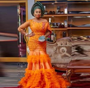 Oranje Plus Size Avondjurken Met Illusie Mouwen Gelaagde Applicaties Kant Aso Ebi Galajurk Zeemeermin Afrikaanse Partij robe de soir2220373