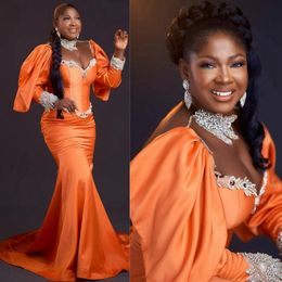 Robes de bal orange grande taille sirène col haut robes de soirée perlées élégantes pour les femmes africaines nigérianes robe de deuxième réception robes de deuxième réception AM362