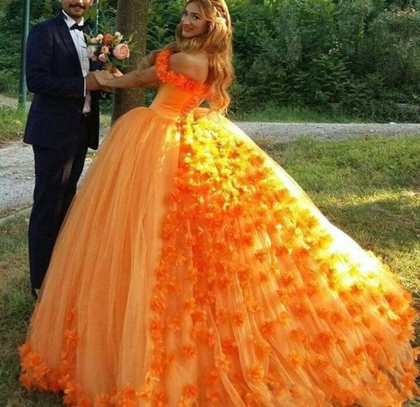 Vestido de fiesta de princesa naranja, vestido de quinceañera con flores hechas a mano, hombros descubiertos, con cordones en la espalda, vestido de fiesta de graduación formal dulce 15 de lujo e9912087