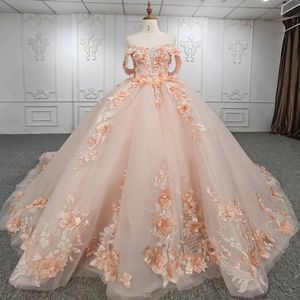 Oranje Prinses Bloemen Jurken voor Quinceanera 2024 Schouderafhangend Kant Appliqué Kralen Korset Chapel Train vestido de 15 quinceaneras