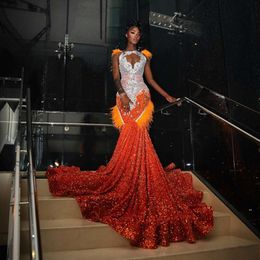 Oranje prom -jurken voor zwarte meisjes veren Rhinestone pailletten zeemeermin feestjurken Afrcische vrouwen Crystal Evening Dress