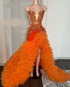 Robes De bal Orange pour femmes, robes De soirée De luxe en diamant, col transparent, à volants, robe De Gala, 2024